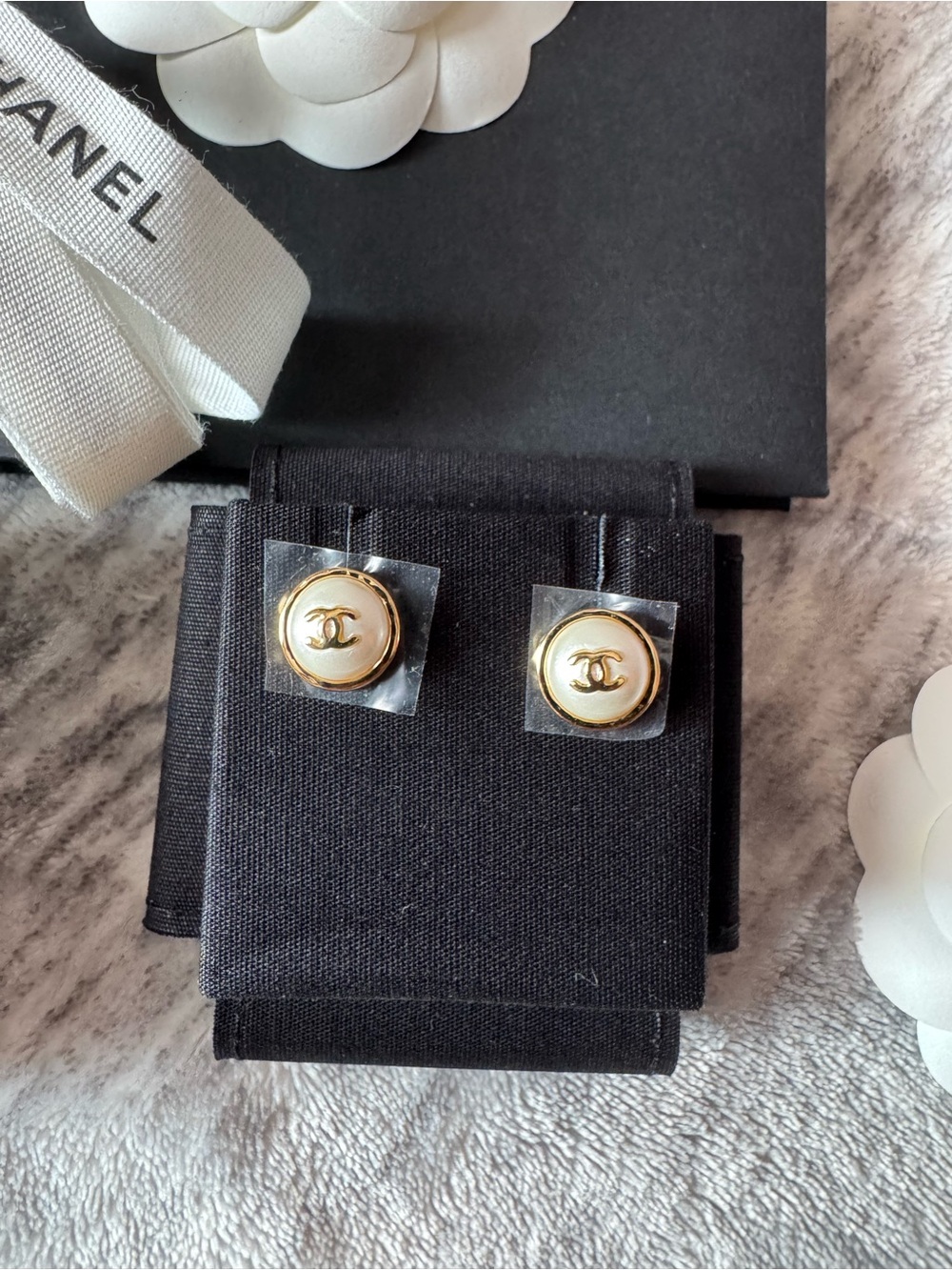 Chanel White and Gold CC Logo Pearl Button Stud Earrings